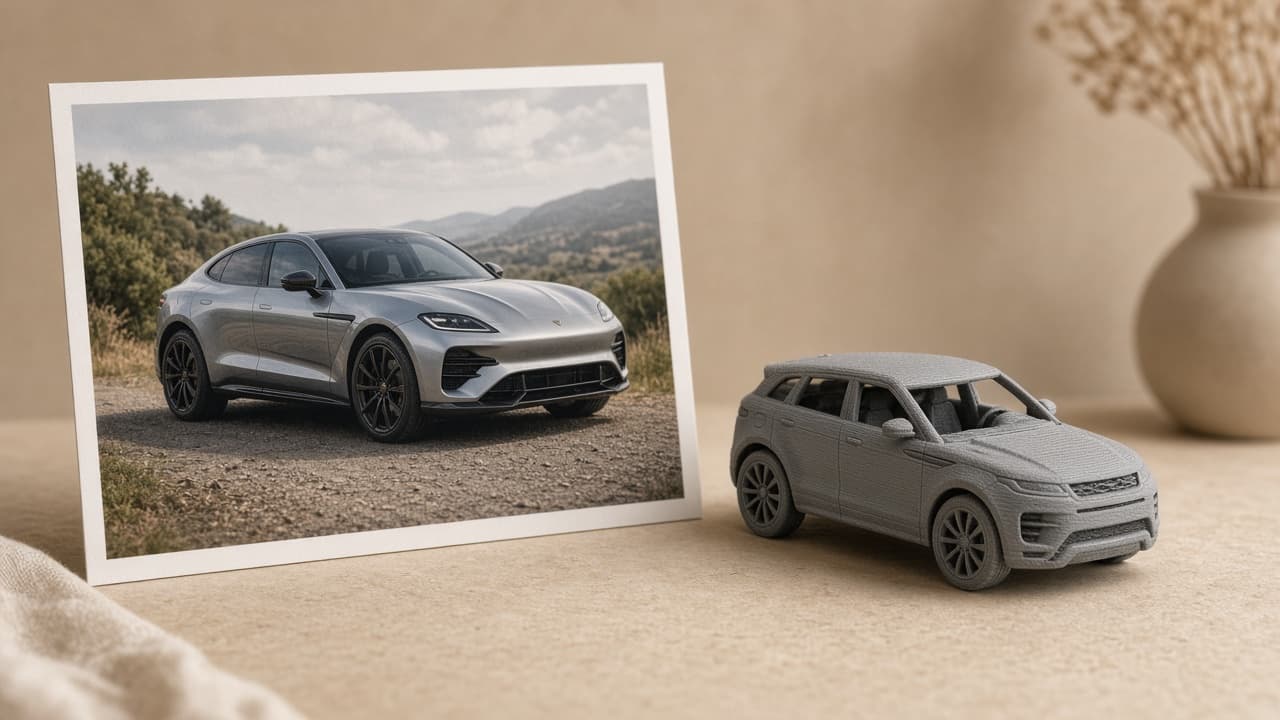 Studio example: a car photograph beside a scale model