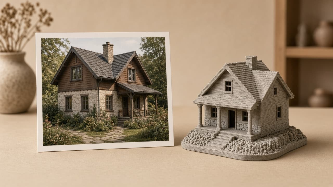 Studio example: a home photograph beside a tiny house model
